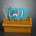 Functional Wooden Utensil Holder With Knives Spoons Forks And Blue Napkin