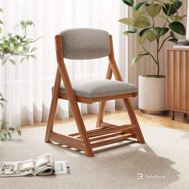 Wooden Frame Leisure Chair with Gray Cushion Backrest in Room with Plants Curtains Wooden Floor 3d model 