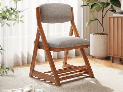 Wooden Frame Leisure Chair with Gray Cushion Backrest in Room with Plants Curtains Wooden Floor 3d model