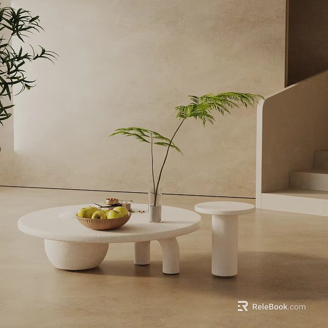 Modern White Round Coffee Table Set With Stool Green Plants Fruit Basket Light Background 3d model 