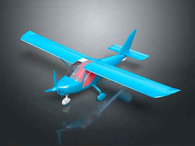 Blue Passenger Plane With Single Engine Long Wings Cockpit Windows And Reflection On Black Background 3d model