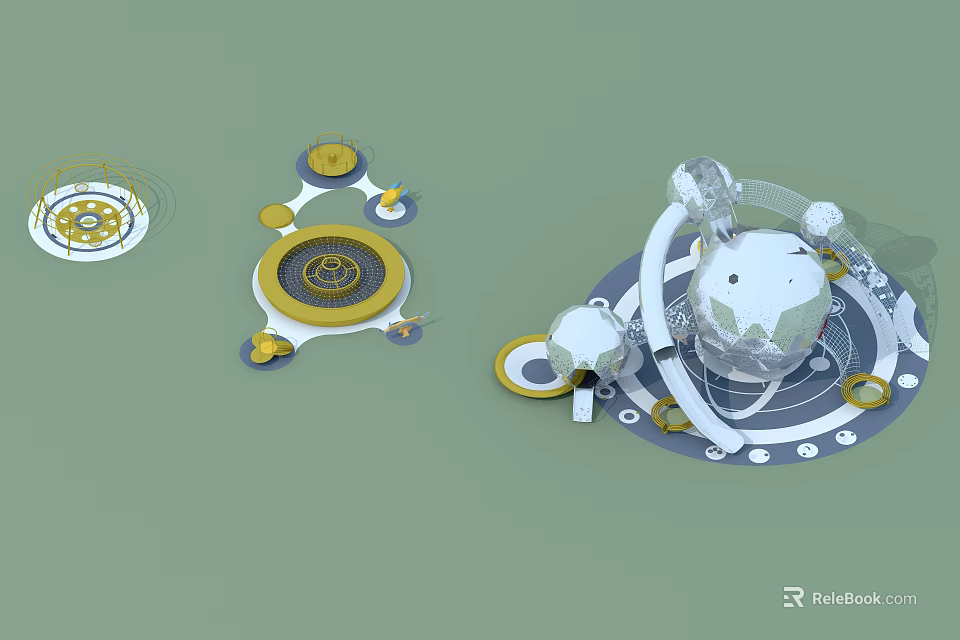 Playground Equipment With Yellow White Circular Structures Spherical Elements And Ring Tracks 3d model