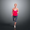 Woman in Red Tank Top Running with Dark Leggings on Gray Background