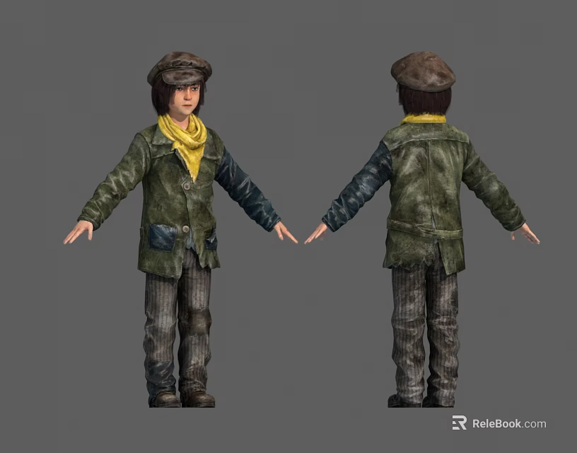 3D Character Model With Green Coat Yellow Scarf And Striped Pants Front Back Views 3d model 