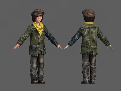 3D Character Model With Green Coat Yellow Scarf And Striped Pants Front Back Views 3d model