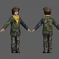3D Character Model With Green Coat Yellow Scarf And Striped Pants Front Back Views