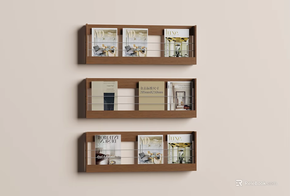 Books And Magazines Display On Brown Wooden Shelves With Colorful Covers For Home Decor 3d model 