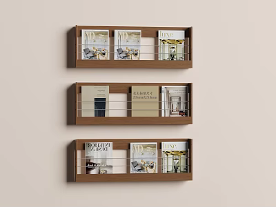 Books And Magazines Display On Brown Wooden Shelves With Colorful Covers For Home Decor 3d model