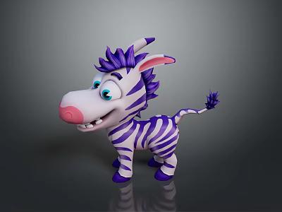 Cute 3D Cartoon Zebra With Purple Mane Tail Stripes Pink Nose And Blue Eyes 3d model