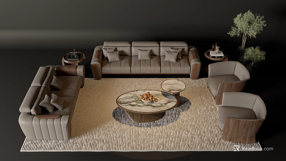 Modern Living Room Grey Sofa Coffee Table Set With Round Table Cushions Armchairs And Rug 3d model 