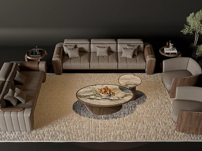 Modern Living Room Grey Sofa Coffee Table Set With Round Table Cushions Armchairs And Rug 3d model