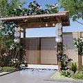 Delightful Garden Ornament With Vine Covered Roof Bamboo Gate Hanging Lanterns Pink Flowers And Greenery