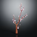 Pink Flowering Tree Branch With Brown Stem And Blooms Against Dark Background