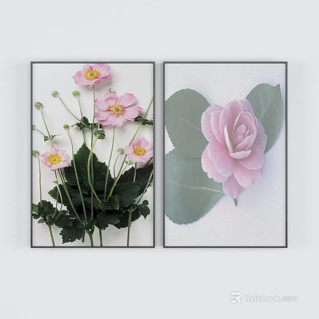 Two Framed Floral Wall Art Prints With Pink Flowers And Green Leaves 3d model 