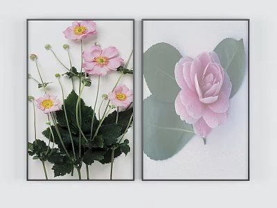 Two Framed Floral Wall Art Prints With Pink Flowers And Green Leaves 3d model
