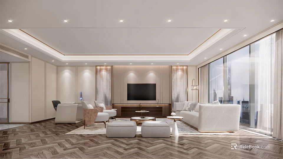 Elegant Modern Living Room Interior With White Sofas TV Wall Herringbone Flooring And Large Windows 3d model