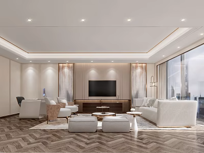Elegant Modern Living Room Interior With White Sofas TV Wall Herringbone Flooring And Large Windows 3d model