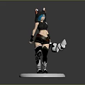 Game Movie Character 3D Model With Blue Hair Cat Ear Hat Black Outfit Striped Tail