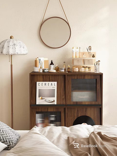 Wooden Entryway Side Cabinet With Cereal Magazine Skincare Products And Storage Boxes 3d model 