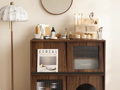 Wooden Entryway Side Cabinet With Cereal Magazine Skincare Products And Storage Boxes 3d model