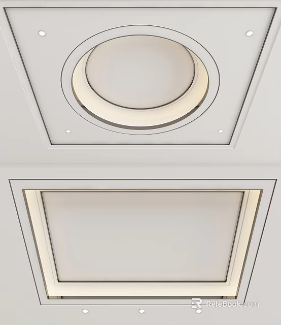 Modern Ceiling Design With Circular Recessed Lighting And Square Decorative Panel Trim 3d model 