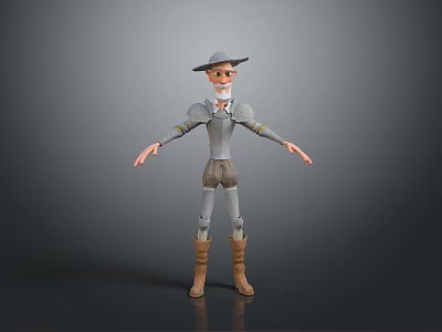A Man Wearing A Hat Mask Armor Striped Pants And Brown Boots On Gray Background 3d model