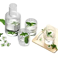 Transparent Glass Cups With Fresh Mint Leaves And Ice Cubes On Wooden Tray