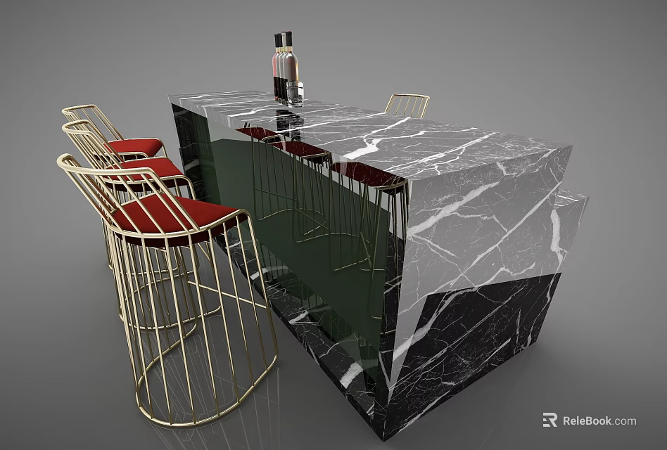 Stylish Modern Bar Counter With Marble Top And Golden Red Seated Chairs 3d model 