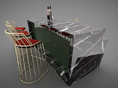 Stylish Modern Bar Counter With Marble Top And Golden Red Seated Chairs 3d model