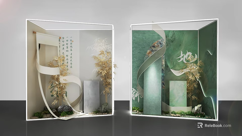 Chinese Style Decorative Display With Bamboo Calligraphy Green Background Stones And Plants 3d model 