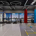 Modern Fitness Gym With Neon Sign Punching Bags Eagle Logo Large Windows And Workout Equipment
