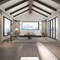 Luxury Hotel Room With King Bed Wooden Ceiling Floor To Ceiling Windows And Decorative Painting