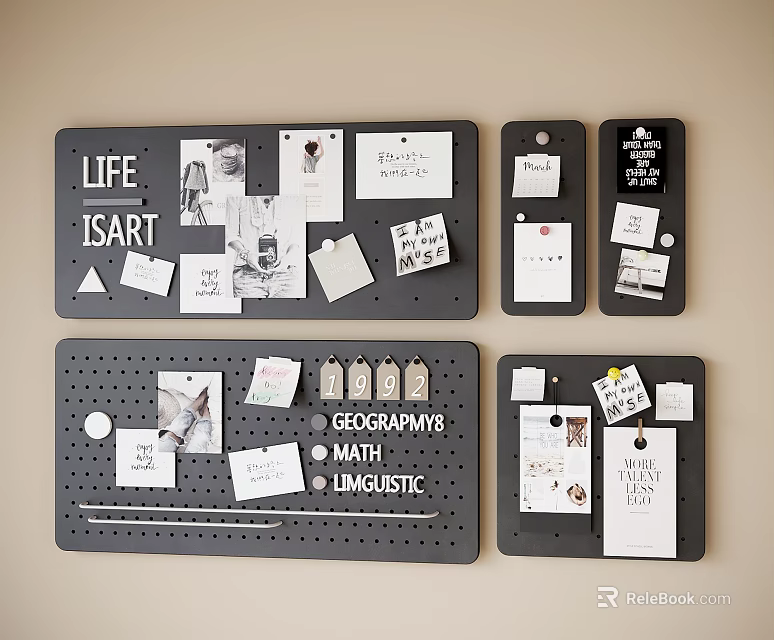 Black Wall Decor Pin Boards With Paper Notes For Home Office Creative 3d model 