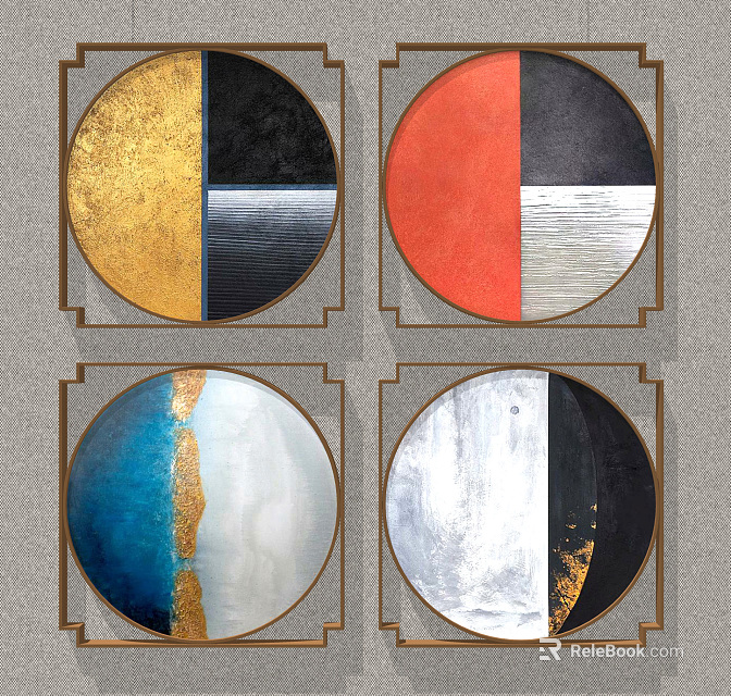 Circular Abstract Paintings With Gold Black Red Blue Silver Metallic Accents Modern Framed Wall Art 3d model 