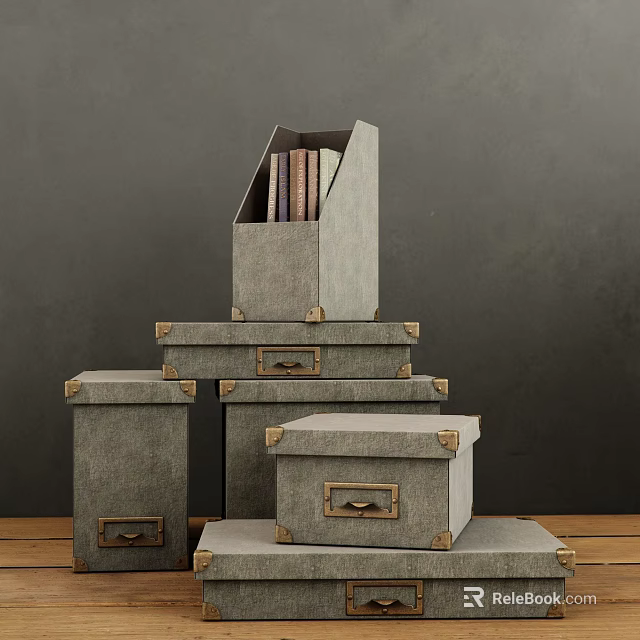 Gray Fabric Storage Folders Stacked With Metal Clasps On Wooden Tabletop Against Gray Wall 3d model 