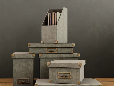 Gray Fabric Storage Folders Stacked With Metal Clasps On Wooden Tabletop Against Gray Wall 3d model