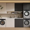 Modern Laundry Room With Built in Washing Machines Dryers Sink And Storage Cabinets