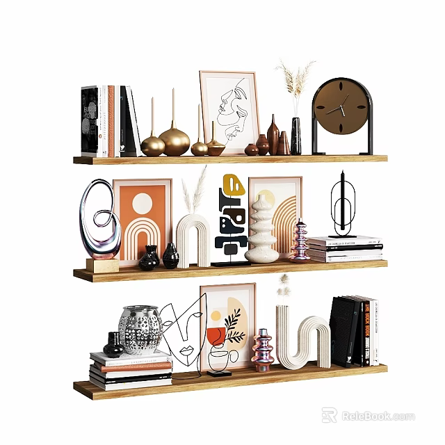 Decorative Ornament Combination On Wooden Shelves With Framed Art Sculptures Vases Clock And Books 3d model 