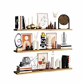Decorative Ornament Combination On Wooden Shelves With Framed Art Sculptures Vases Clock And Books