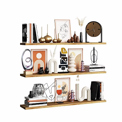 Decorative Ornament Combination On Wooden Shelves With Framed Art Sculptures Vases Clock And Books 3d model