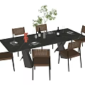 Black Rectangular Dining Table Set With Six Brown Woven Chairs Green Plant Wine Bottle Tableware 3d model