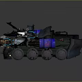 Armored Military Vehicle With Heavy Weapon System Multiple Wheels And Blue Mechanical Details