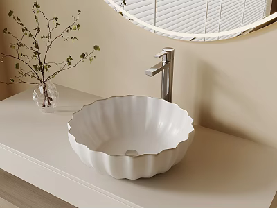 Scalloped White Washbasin on Light Countertop with Vase and Round Mirror 3d model