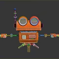Orange Robot Figure With Large Round Eyes Blue Light Antenna Extended Arms And Metal Legs