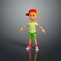 Cartoon Boy With Red Cap Blonde Hair Green Outfit Red Shoes Gray Background Reflection
