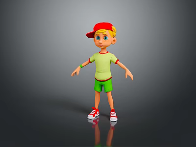 Cartoon Boy With Red Cap Blonde Hair Green Outfit Red Shoes Gray Background Reflection 3d model
