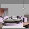 Pink Round Bed With Soft Pillows Round Stools Side Table Wall Art And Hanging Lamps
