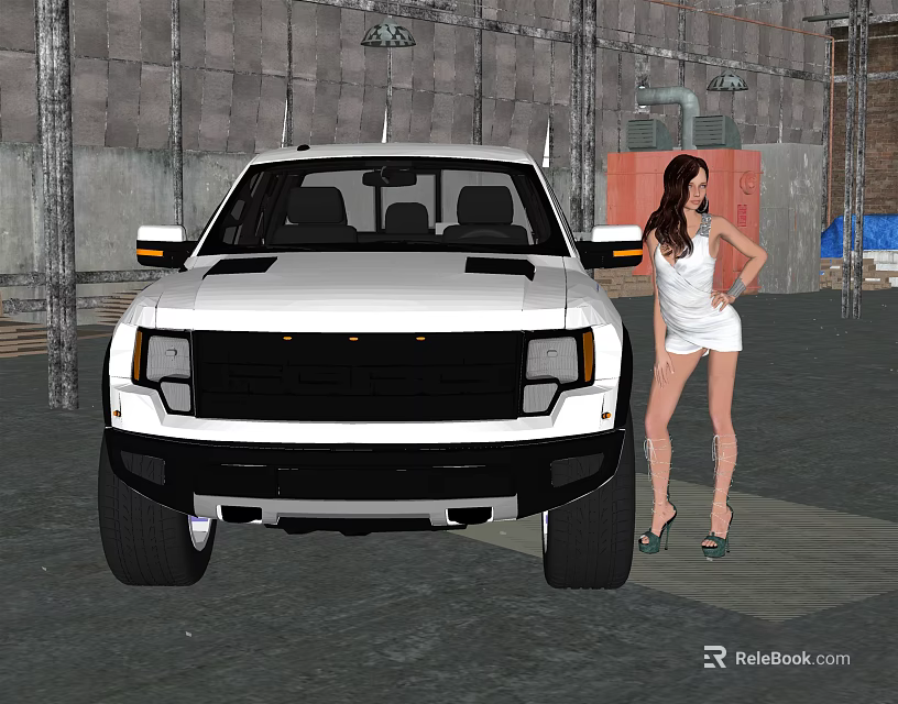 White Pickup Truck Parked with Woman in White Dress and High Heels in Industrial Setting 3d model 