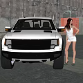 White Pickup Truck Parked with Woman in White Dress and High Heels in Industrial Setting