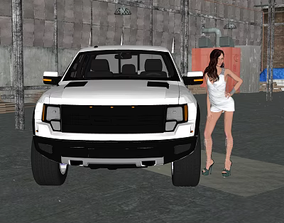 White Pickup Truck Parked with Woman in White Dress and High Heels in Industrial Setting 3d model